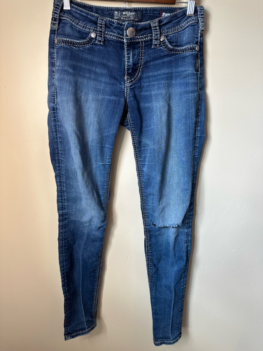 Silver Jeans Suki Mid Rise Super Skinny Jeans Women 26x31 Distressed Stretch